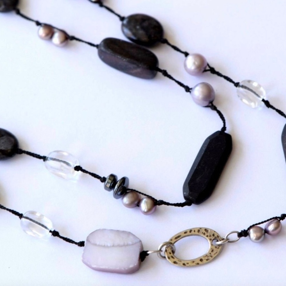 Silpada Vintage Sterling Silver, Pearls, Hematite & Chalcedony Necklace
